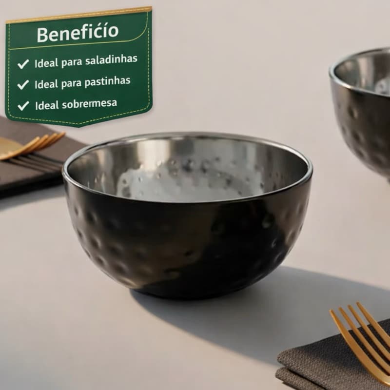 Kit Cambuca Saladeira 3 Mini Bowls Martelados Preto 170ml Sobremesa Saladinhas Gelatina Pastas