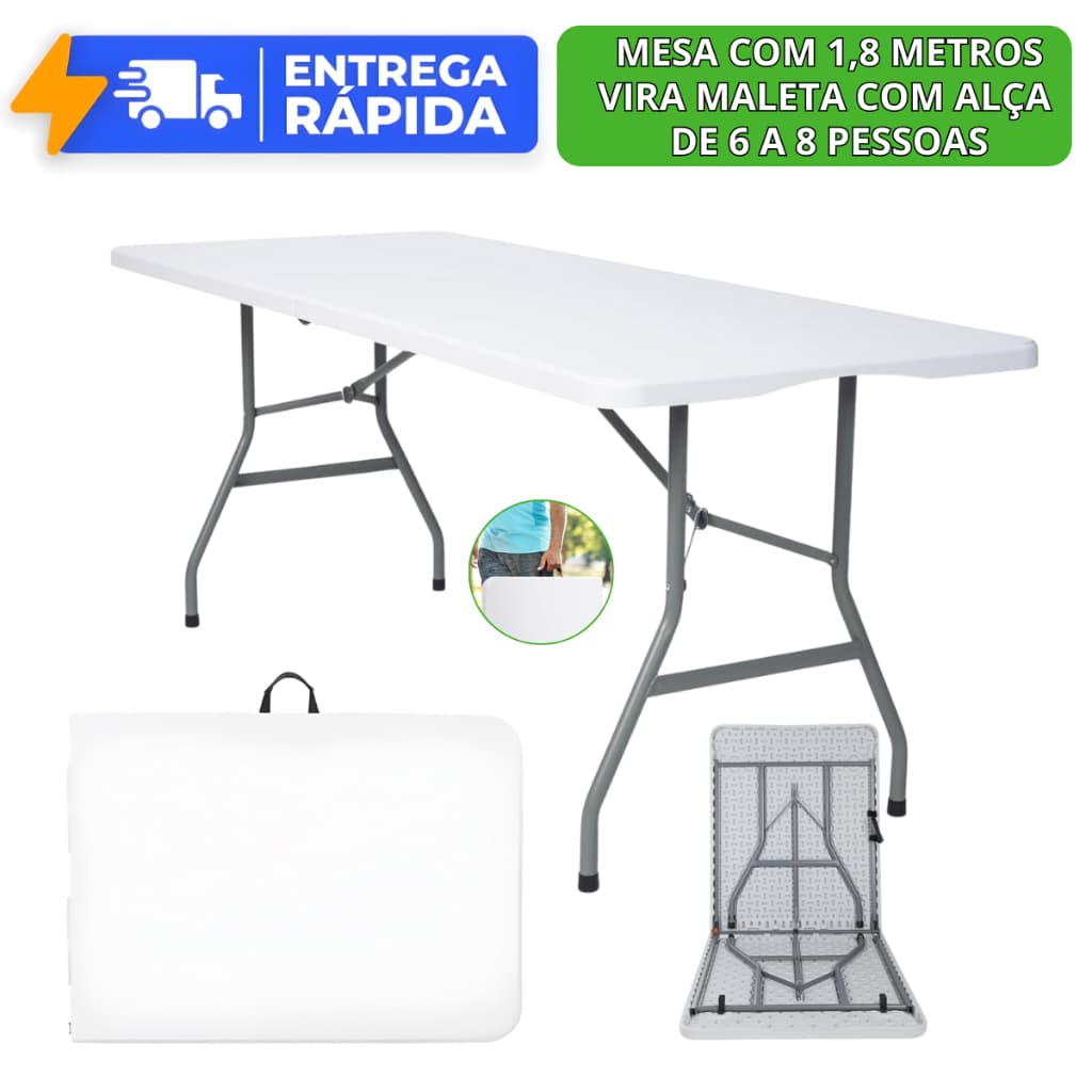 Mesa Dobrável Vira Maleta com Alça Portátil 1.80m Camping Pesca Jardim Área Externa Interna Algori