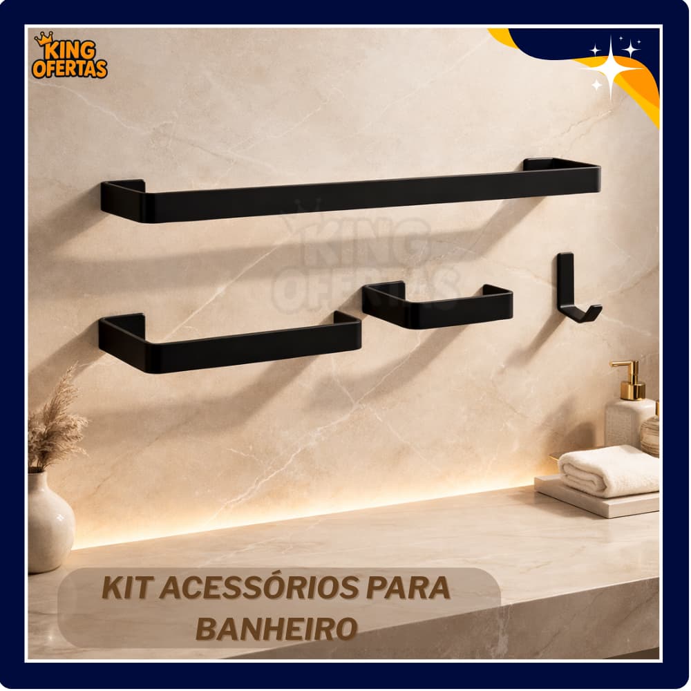 Kit Acessórios para Banheiro PRETO FOSCO Quadrado 4 Peças