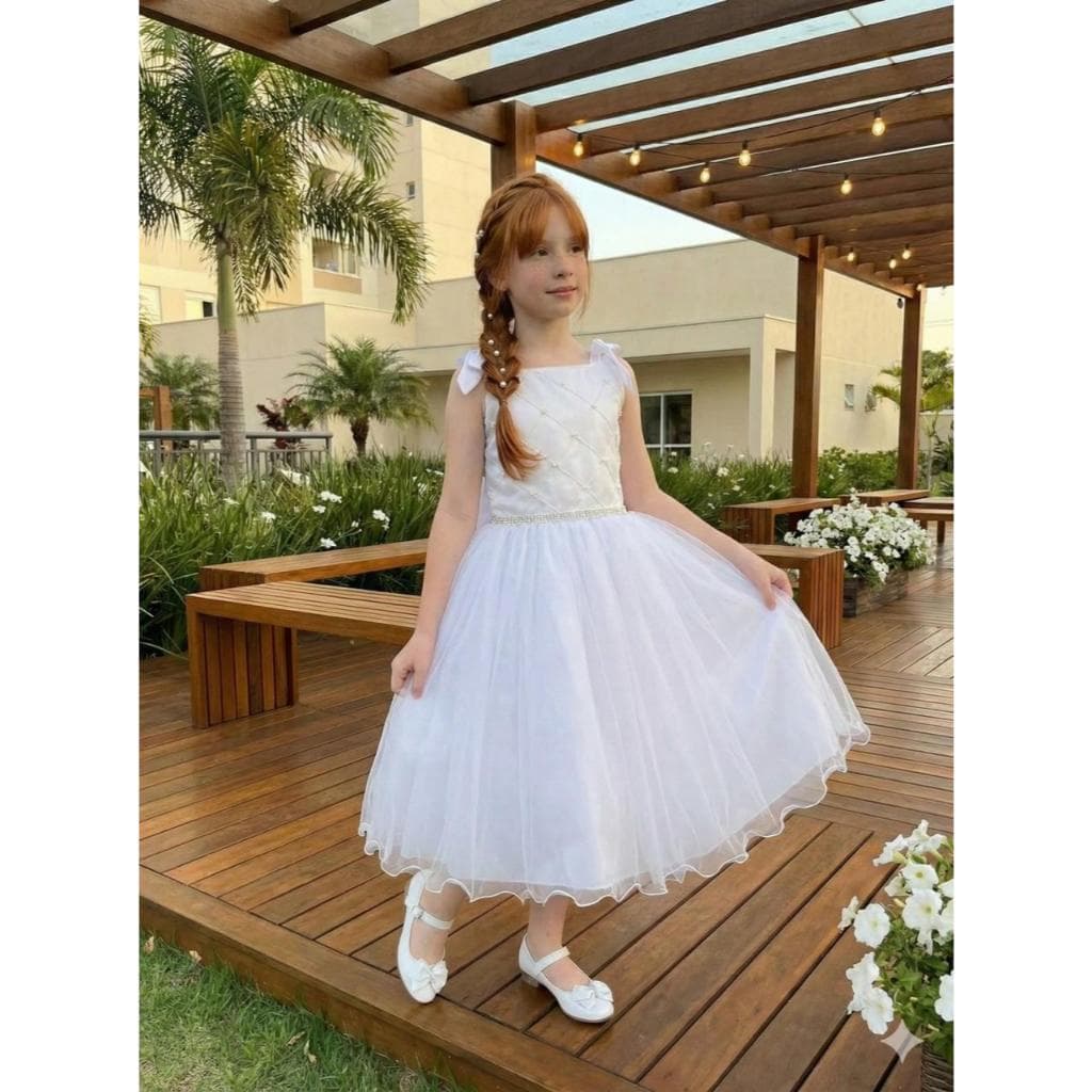 Vestido infantil  Branco Marie Mariely Batizado Daminhas Florista Noivinha