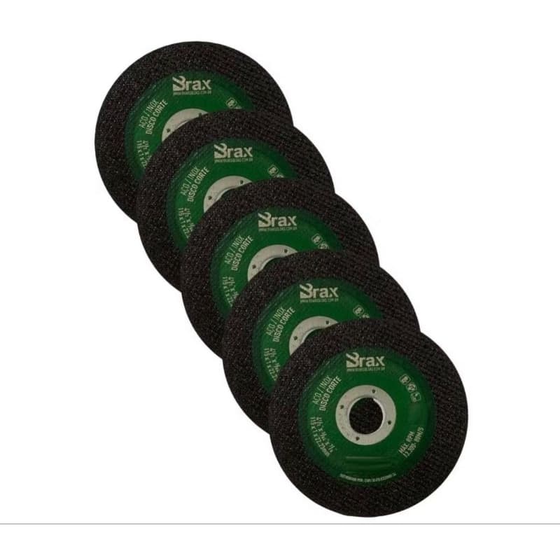 CX c/ 100 DISCOS DE CORTE BRAX: 4 1/2X3/64X7/8"; 115X1,00X22,23mm.