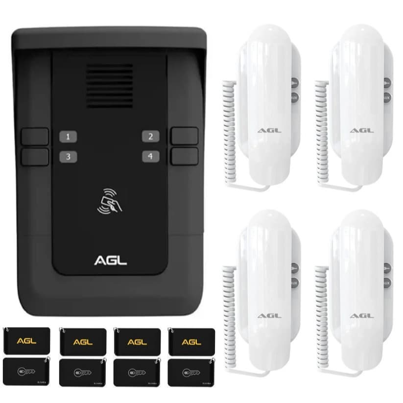 KIT PORTEIRO COLETIVO AGL S500 4 PONTOS BLUETOOTH+ 4 MONOFONES + 8 TAG -  (KIT INTERFONE)