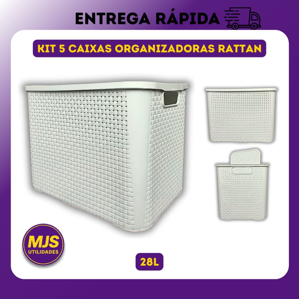 Kit 5 X Caixa Organizadora Rattan 28 Litros Cesto Plastico Multiuso Com Tampa Empilhavel Grande