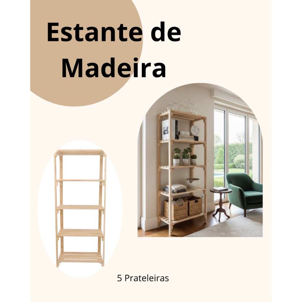 Estante Prateleiras 5 andares de Madeira Pinus Natural 120x50x30cm decorativa