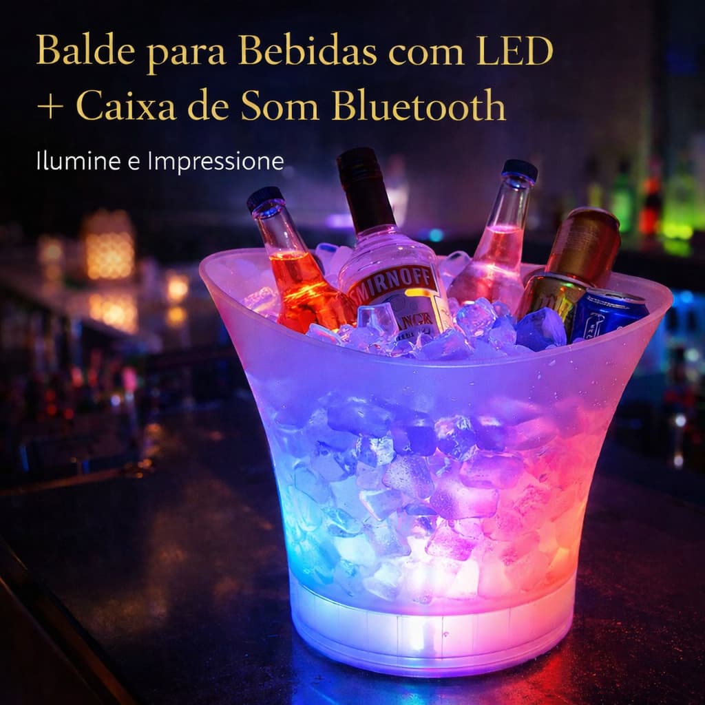 Balde de Bebidas LED e Caixa de Som Bluetooth 6,5L Luz Colorida 8 Efeitos USB, Balde de Gelo Led