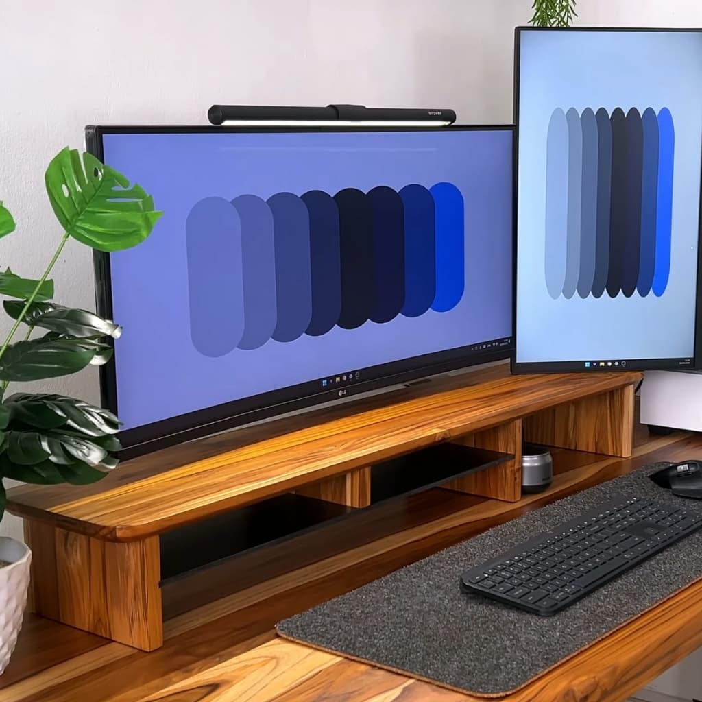 Suporte Monitor Teca 110x22cm Premium Stand Desk Elevado Madeira Maciça Fácil de Montar Meligna