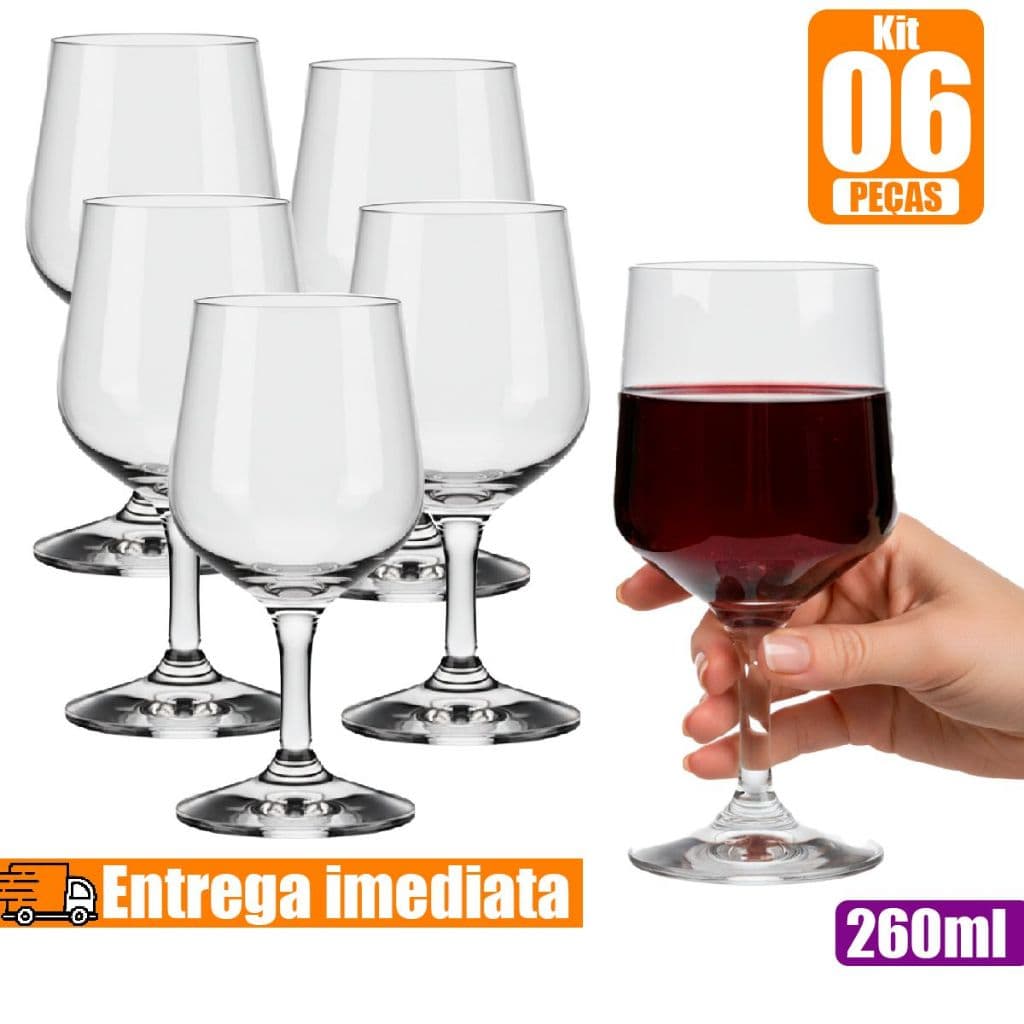 Jogo 06 Taça Buffet de Vidro Temperado Vinho Drink 260ml Vidro Resistente Gourmet Hotel Degustação