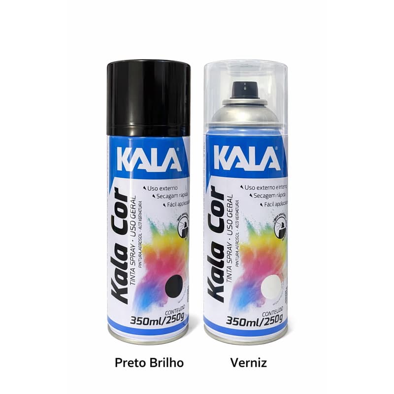 Kit Tinta Spray Preto Brilho KALA + Spray Verniz KALA
