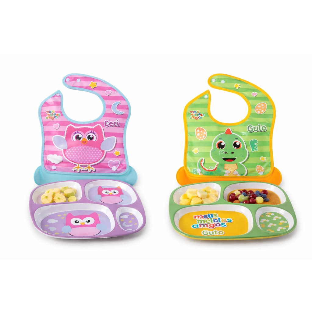Kit Alimentação Infantil Babador e Prato com Divisória Bebês Crianças