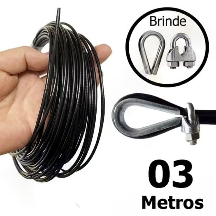 Cabo De Aço Revestido 3/16 6x19 Super Resistente Para Reparo Aparelhos Academia 3/16 - 03 Metros + 1 Sapatilha 1 Clip