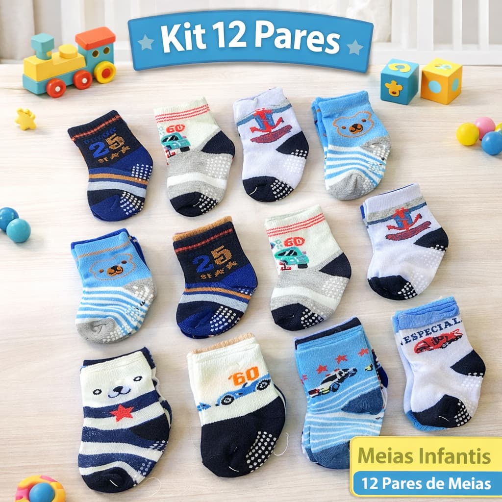 Kit 12 Pares de Meia Infantil Bebê em Algodão Elastano e Poliamida Promoção
