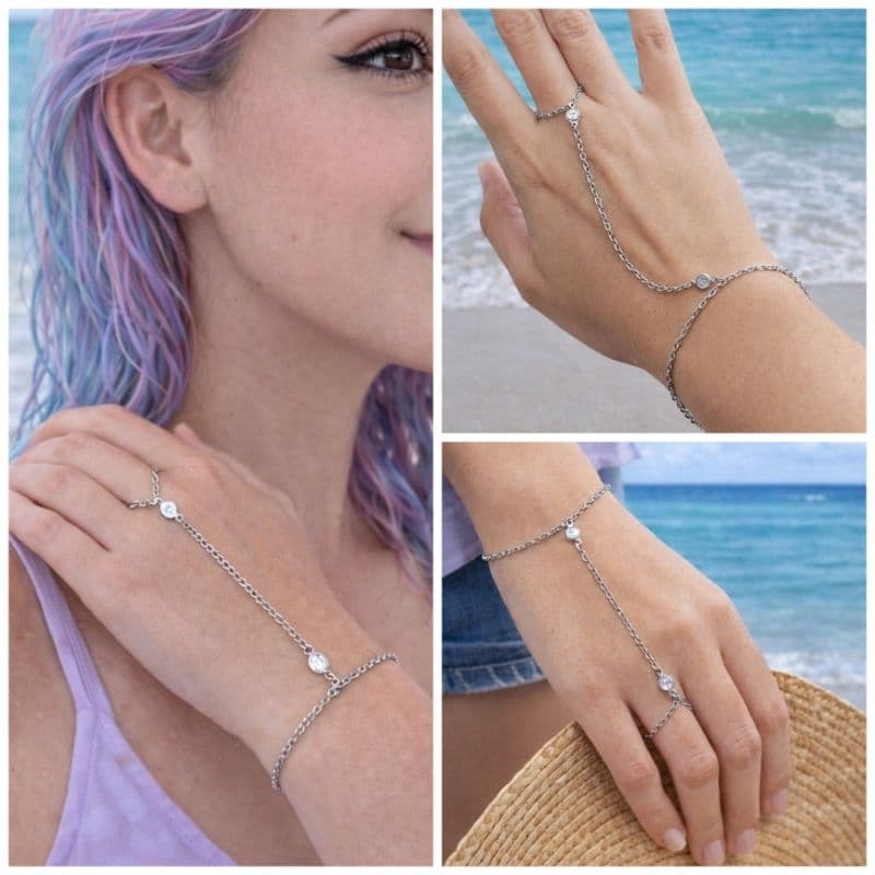 Pulseira de Mão Feminina Aço Inox Delicada Hand Chain Estilo Verão inoxidável prata strass indiana