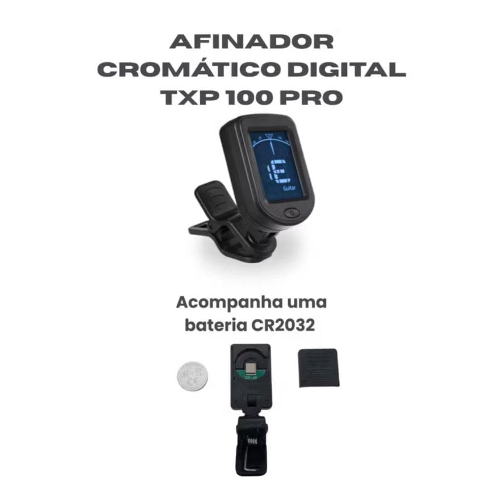 Marca: TXP 100  Afinador Cromático Digital  . Frequencia: 440Hz  . Range de afinação 0A - 8C  Peso 19g  Precisão +1  Bat