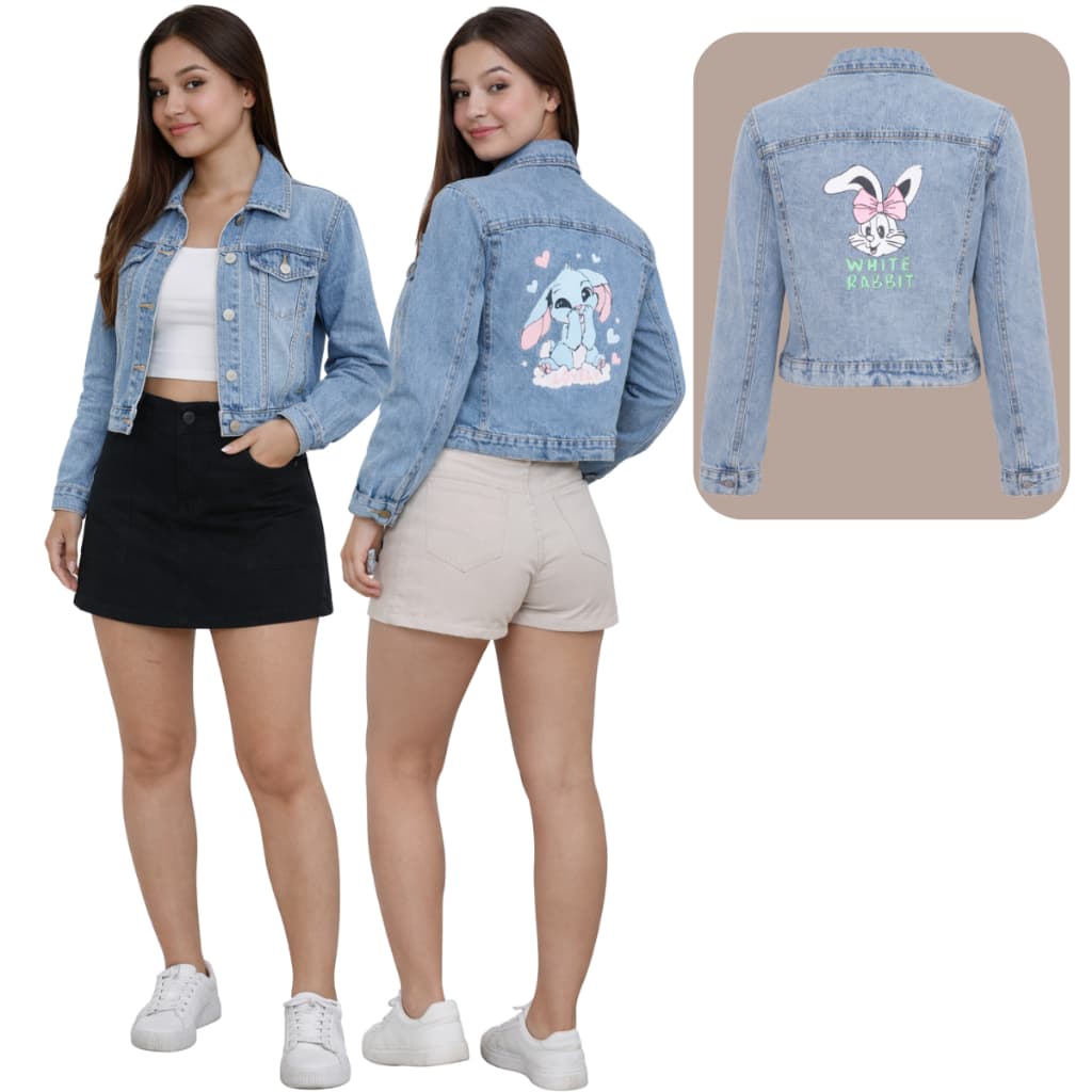 Conjunto Short Saia Jeans Colorida + Jaqueta Jeans Estampada Marmorizada Infantil e Juvenil