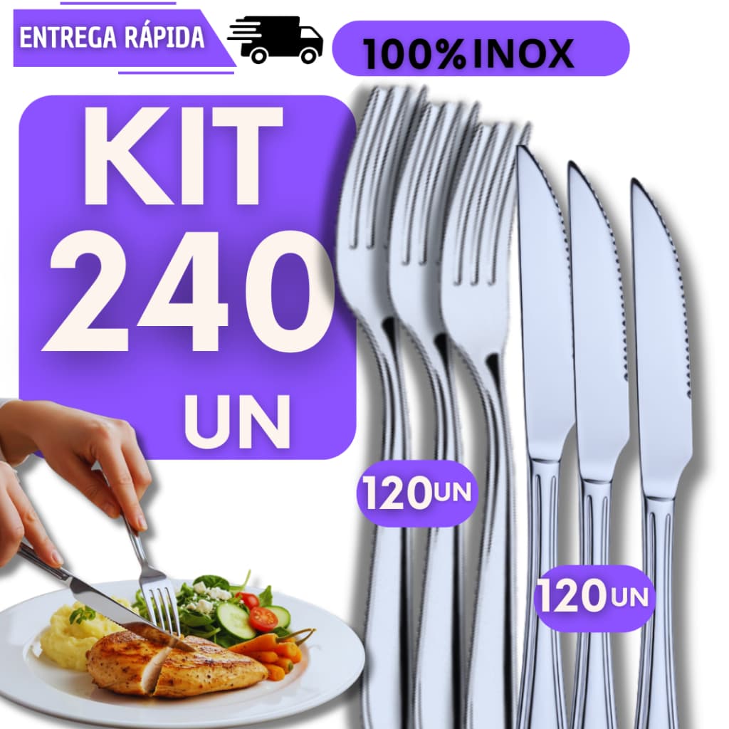 KIT 240 Garfo e Faca Inox 120 Facas 120 Garfos Restaurantes Buffet Cozinha Talheres