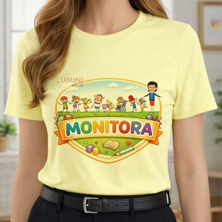 Blusa Tshirt, MONITORA Emblema, colorida, auxiliar escolar, cuidadora, educação infantil, moda plus size, professora