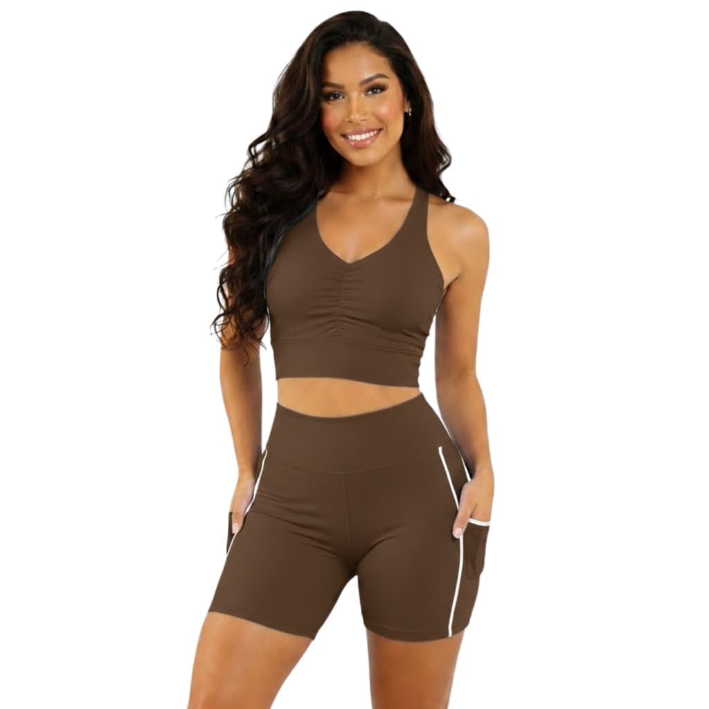 Conjunto Roupa Academia Top Nadador e Short Com Bolsos Alta Compressão Suplex Power Para Corrida