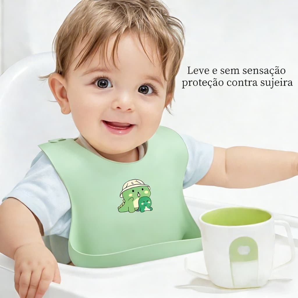 KIT2 Babador Silicone Bebê Impermeável Coletor Migalhas BLW Menino Menina Estampa Dinossauro
