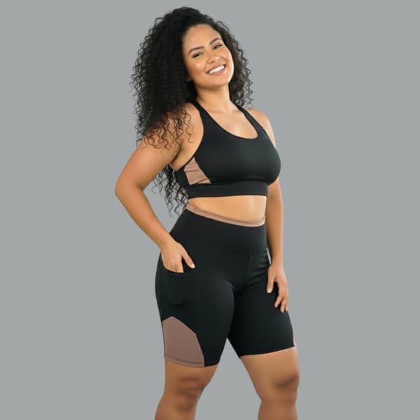 Conjunto Academia Plus Size Top Fitness Bermuda Short Bolso