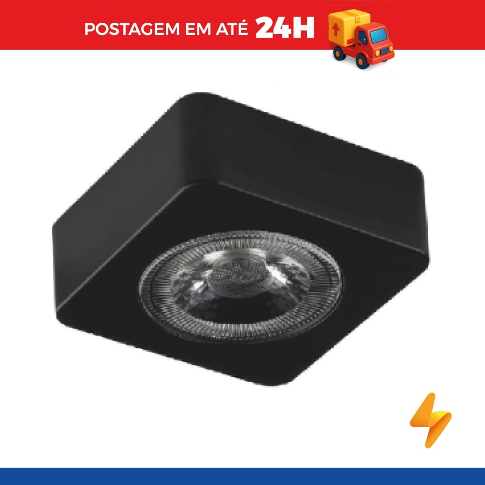 Spot Led Sobrepor Quadrado 3W Taschibra 3000K Luz Quente Preto Bivolt