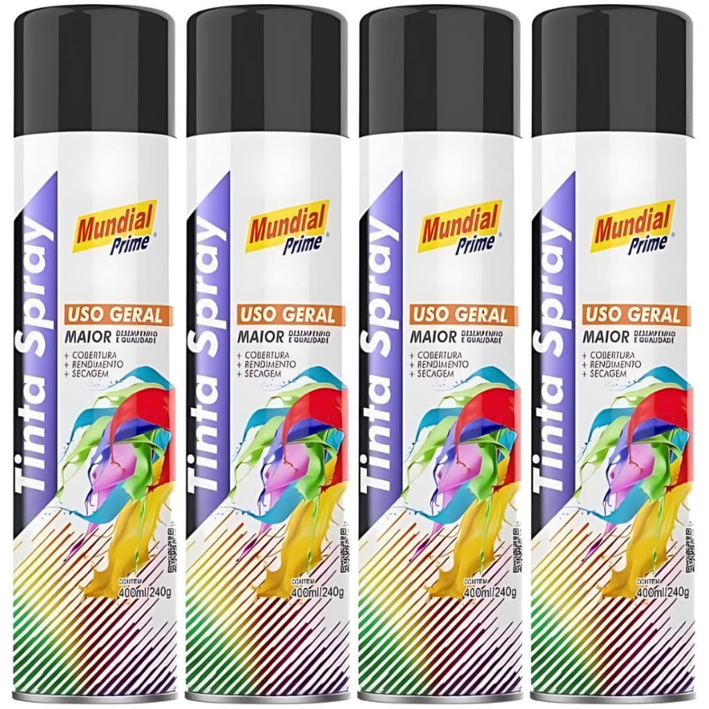 4 Tinta Spray 400ml Mundial Prime Preto Brilhante Spray Uso Geral