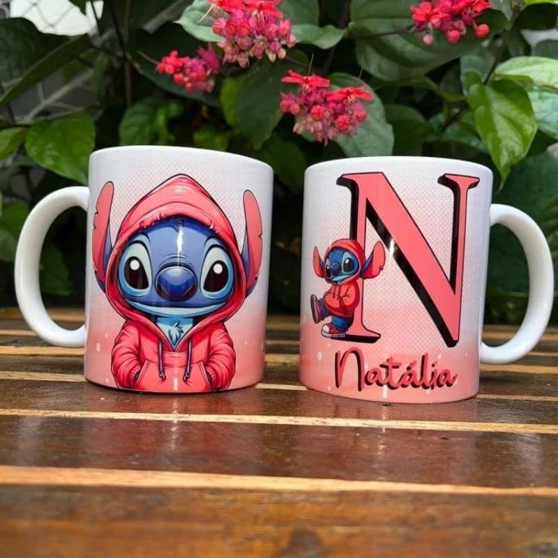 Caneca Personalizada Stitch Alfabeto COM NOME ( Porecelana ou Plástico )