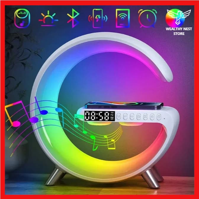 Luminária LED G-Speaker 3 em 1 com Relógio, Carregador por Indução E Caixa De Som Decorativo Prático
