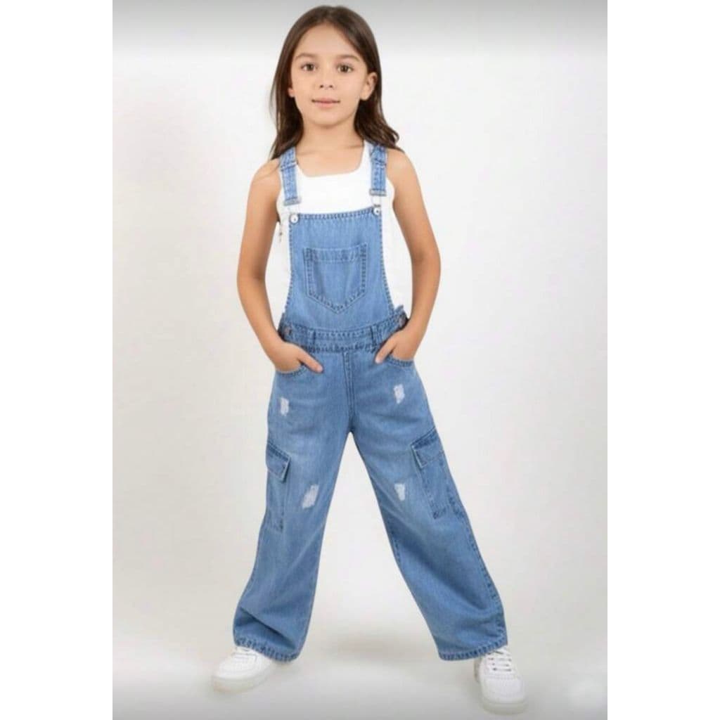 Jardineira Macacão Jeans Denim de Meninas Infantil Juvenil Estilosa Cargo Ajustável 10 ao 16