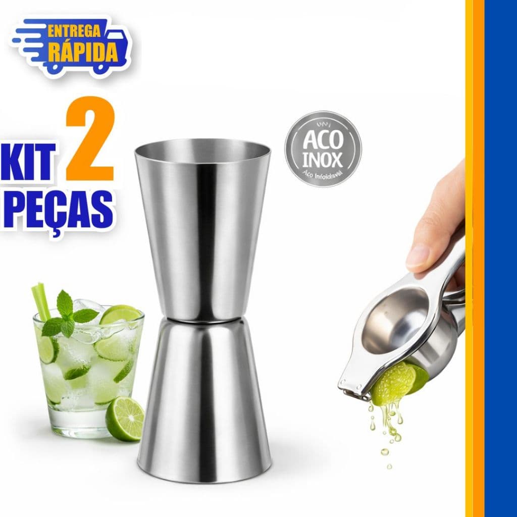 Kit 2 Caipirinha Bartender Espremedor de Limão e Dosador duplo de inox para Bebidas e Drinks 50ml e 25 ml