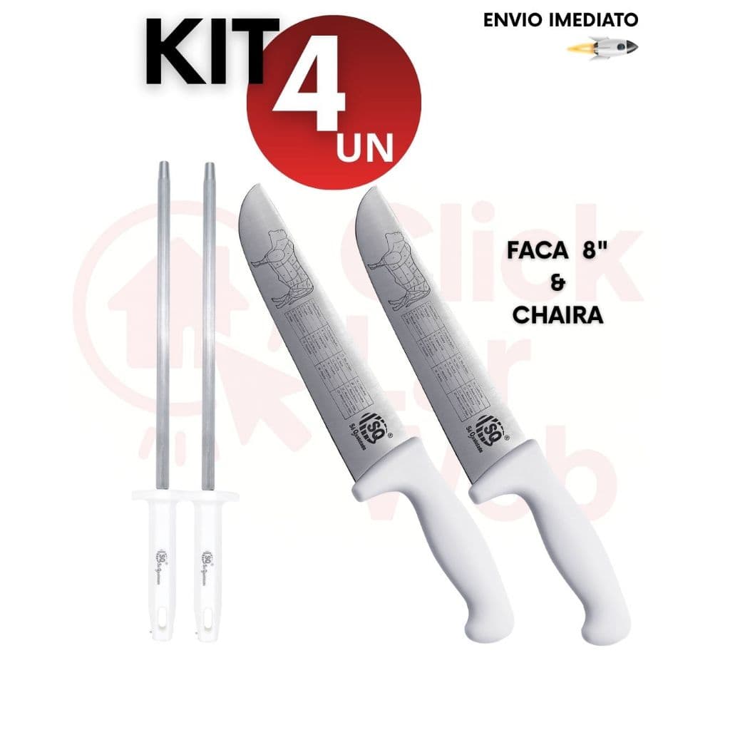 Kit 2 /4/ 6 Faca Profissional Açougueiro Churrasqueiro 8” + Chaira 10” Inox Amolador Afiador