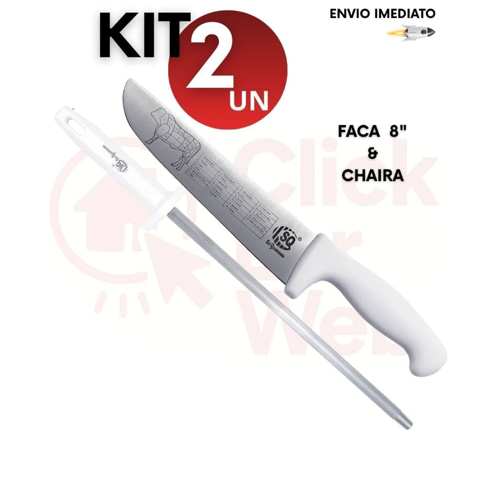 Kit 2/4/6 Chaira e Faca Profissional 8" Açougueiro Inox Amolador Afiador Cortar Carne