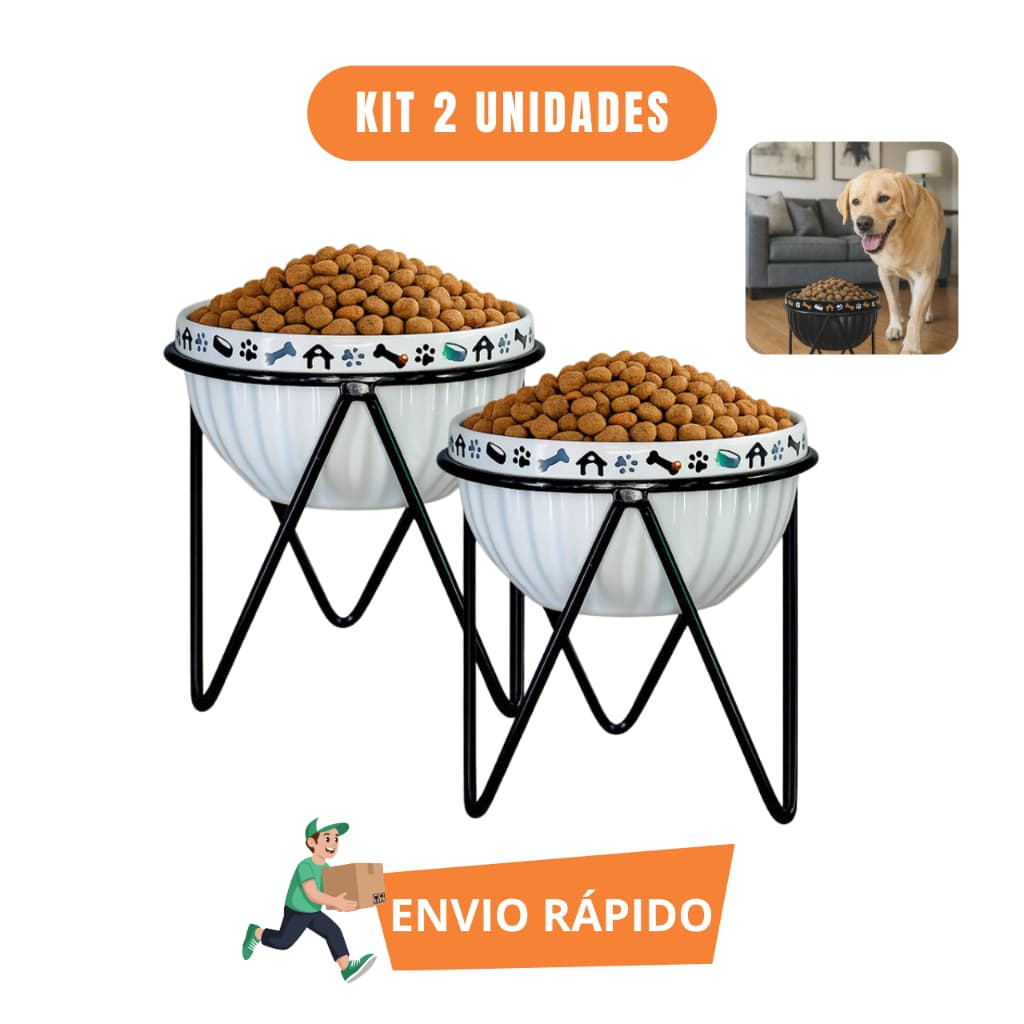 Comedouro Elevado Porcelana Kit 2 Tigela 480ml Cachorro Pet Ração Cerâmica Resistente Fácil Limpeza