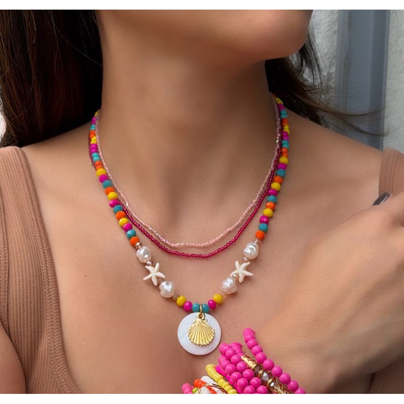 Colar Colorido Verão Conchas Dourado Estrela do Mar Miçangas Perola Praia | Colar estilo Praia concha - Colar moda praia