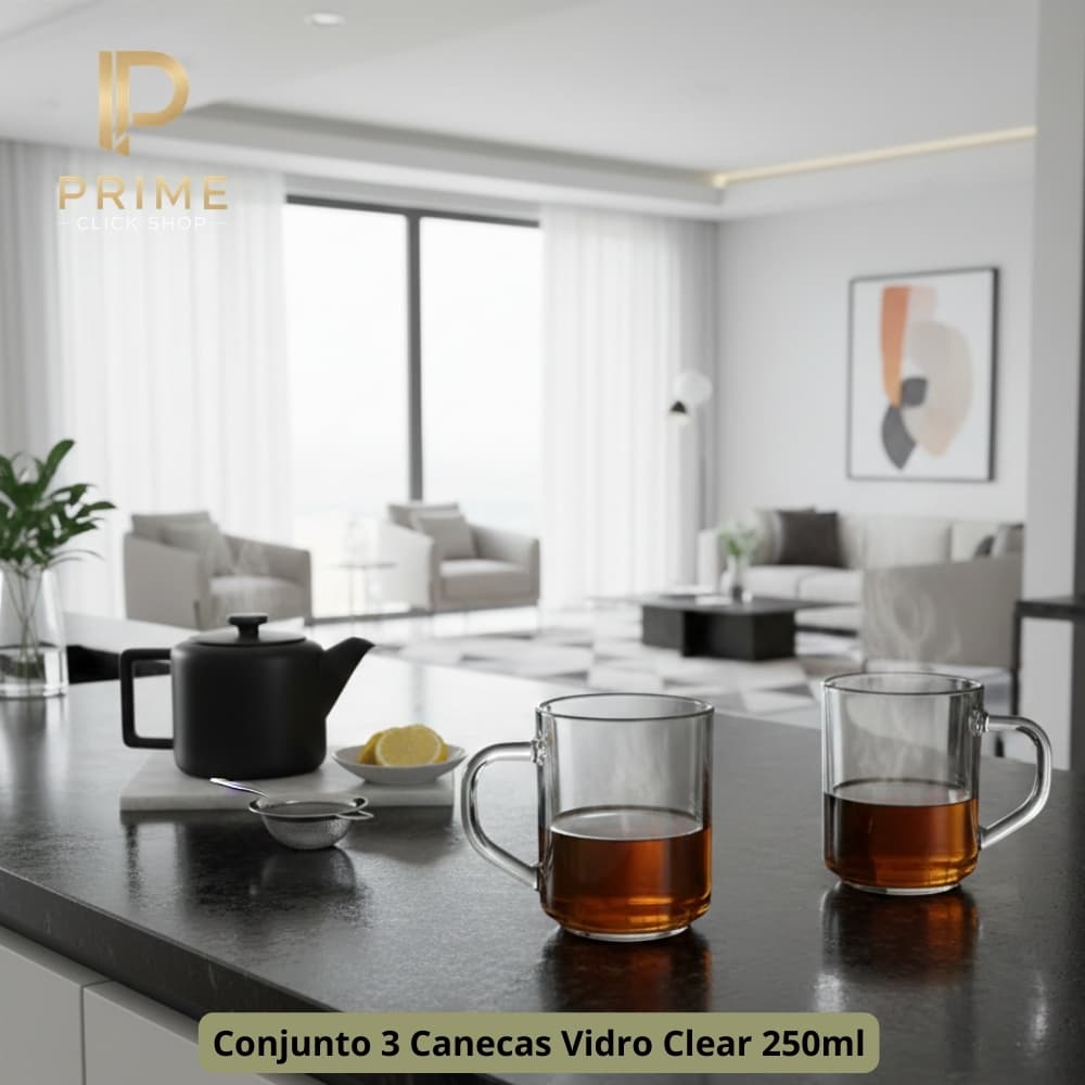 Jogo 3 Canecas De Vidro Clear 250ml Xícara Para Café Chá Cappuccino Transparente Gourmet Mesa