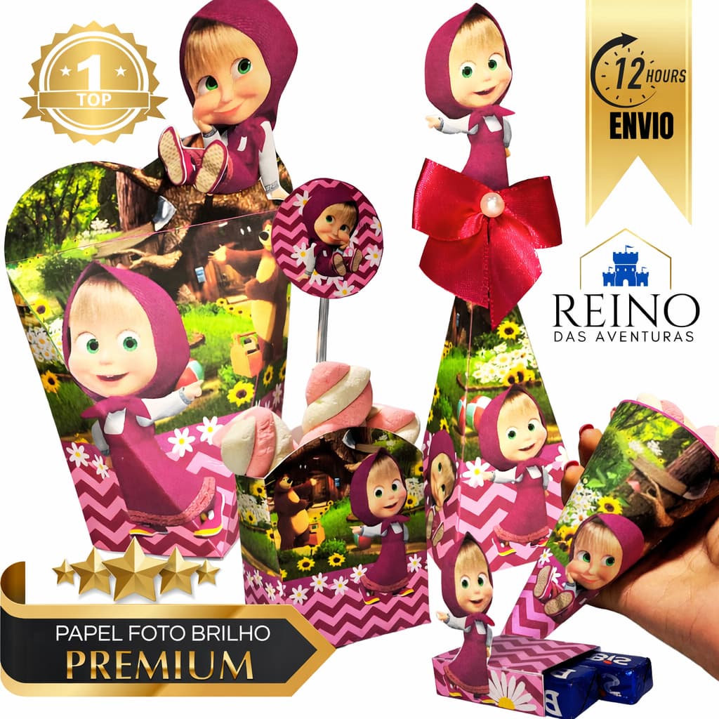 COM NOME | Envio 12h Masha e o Urso Kit Completo 170 Lembrancinha Personalizada | Alta Qualidade
