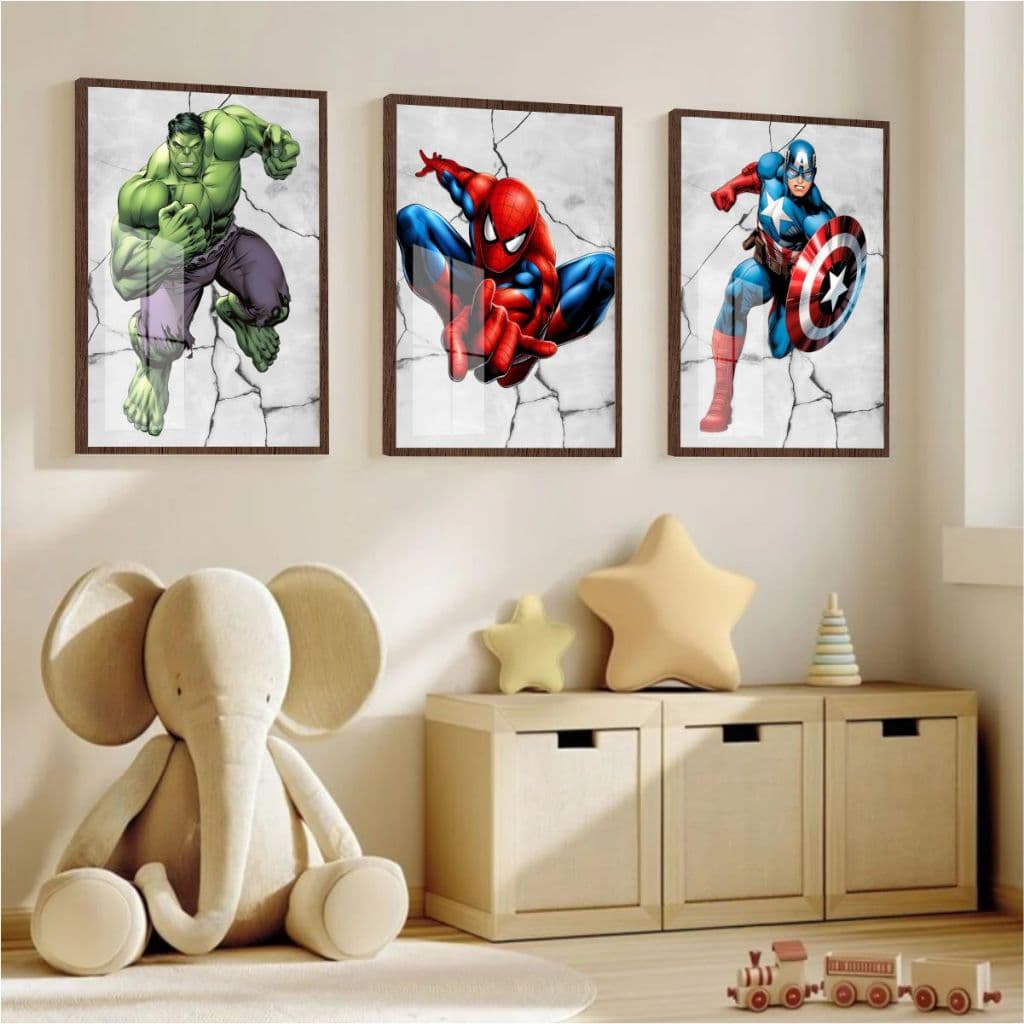 Quadro Moldura e Vidro Três Peças Heróis Hulk Homem Aranha Capitão América Decoração Quarto Infantil