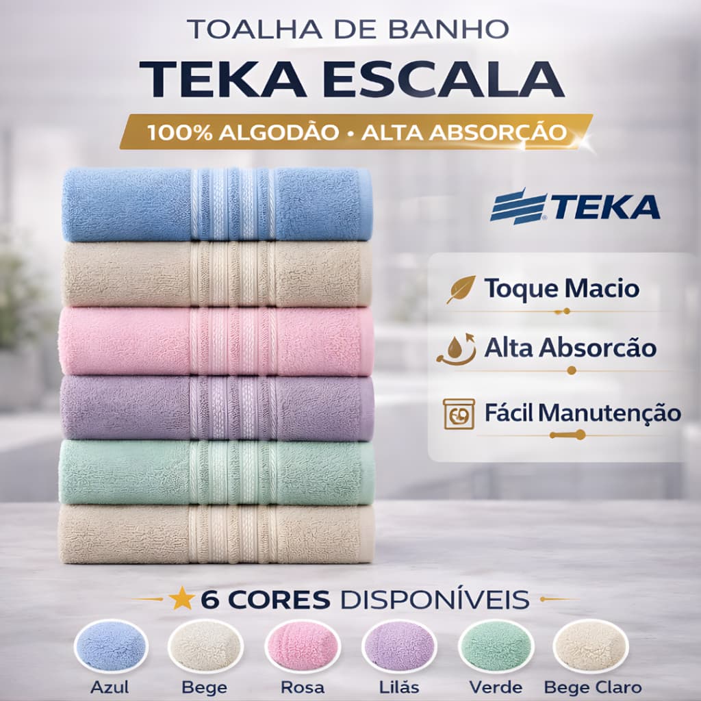 Kit 4 Toalhas de Banho Teka Escala 65x130cm 100% Algodão 280g/m² Felpudas Sortidas Alta Absorção