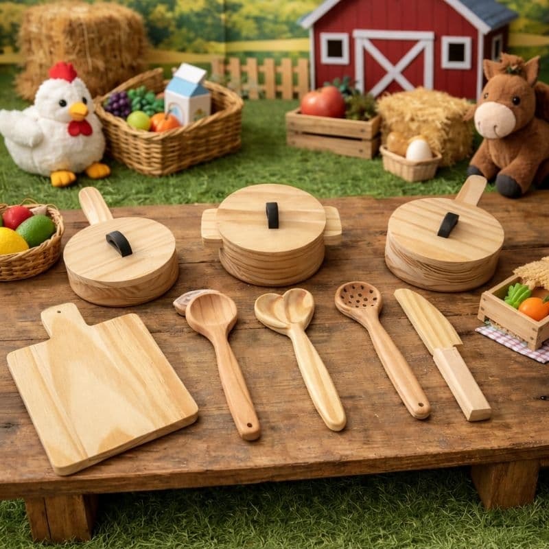 Kit Panelinhas e Utensílios de Madeira Infantil cozinha Brinquedo Educativo Montessori