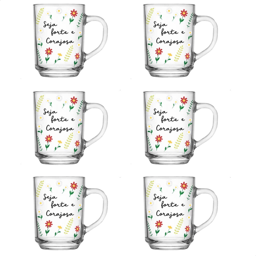 Kit Jogo De Xicaras Canecas De Vidro Decorado De 230ml Seja Forte E Corajosa Dia Das Mulheres Mulher
