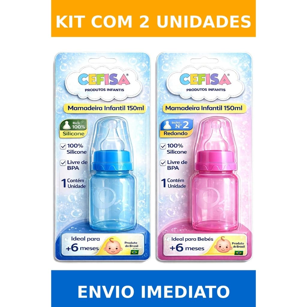Kit 2 Mamadeira Infantil 150ml Bico Silicone 100% Cefisa Livre BPA Alimentação Bebê