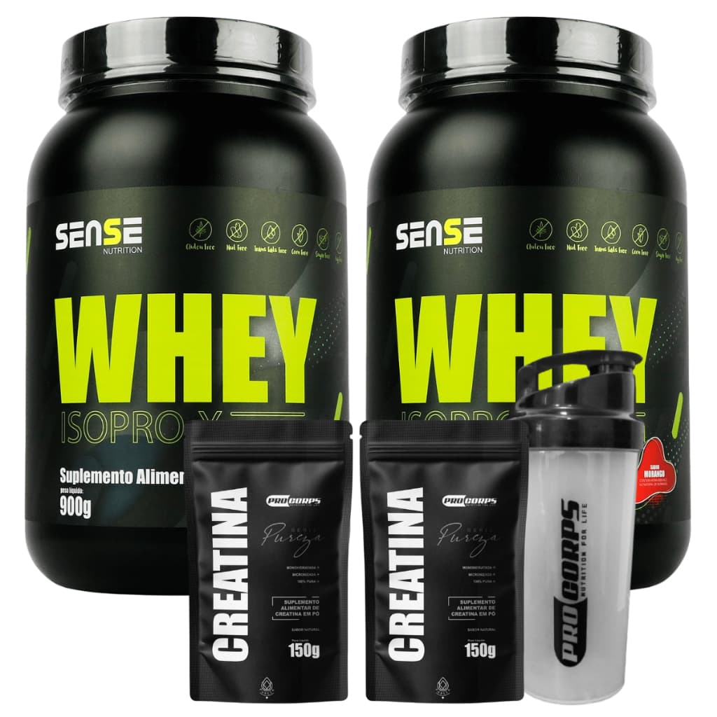 Kit Suplementos: 2 Whey Protein + 2 Creatina Pura 150g Refil + Coqueteleira