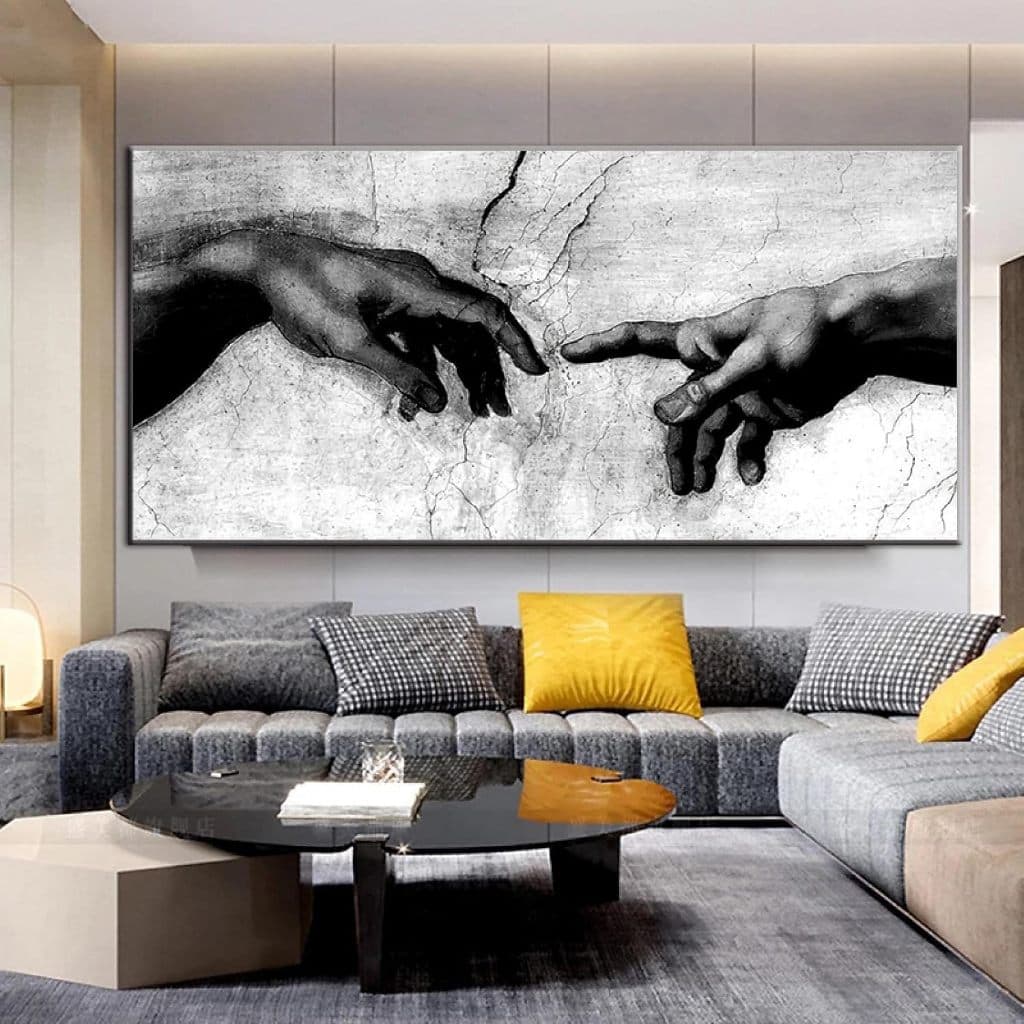 Quadro Decorativo Tríptico A Criação de Adão em Preto e Branco 1 peça.