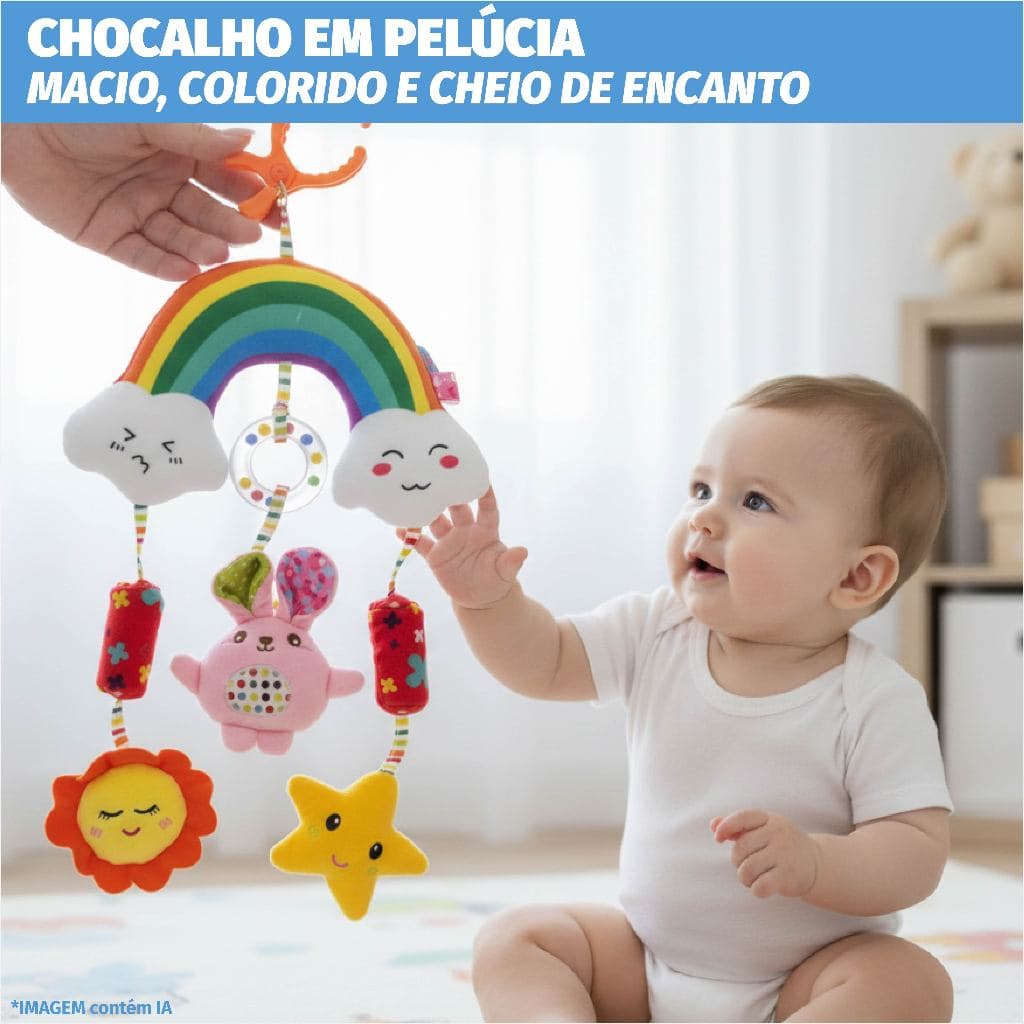 Móbile Pelúcia Arco-Íris Colorido Chocalho Carrinho Berço Brinquedo Portátil Divertido Sensorial
