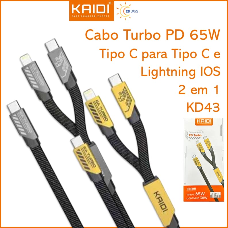 Cabo Carregamento PD Turbo 2 em 1 Tipo C para Lightning IOS e Tipo-C 1200mm KAIDI KD-43
