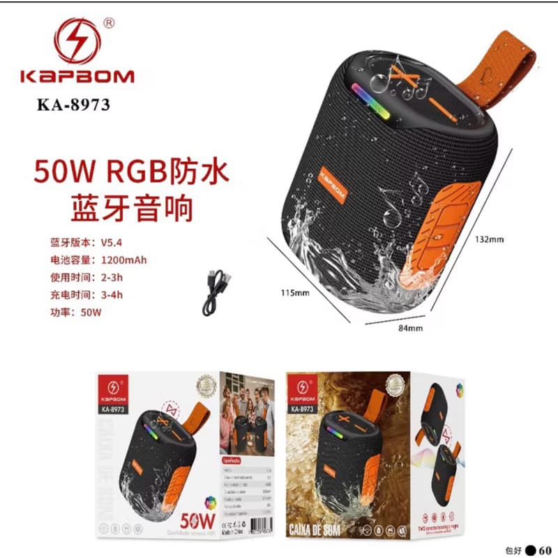 Caixa de som Bluetooth de 50W RGB à prova d'água Bluetooth V5.4 Portátil KAPBOM KA-8973