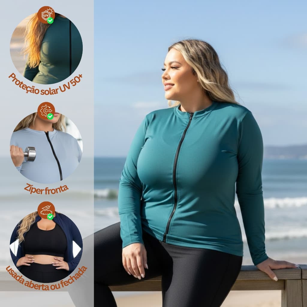 Casaco Feminino Proteção Solar Esportivo UV com Zíper Blusa Casaquinho Plus Size Conforto Academia