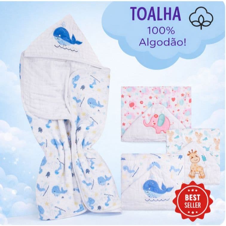 Toalha de Banho Bebê com Capuz 85x85cm 100% Algodão Extra Macio Soft