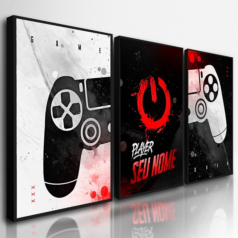 Kit 3 Quadros Gamer Personalizado com Nome – Decoração Quarto Gamer Menino – Controle Video Game