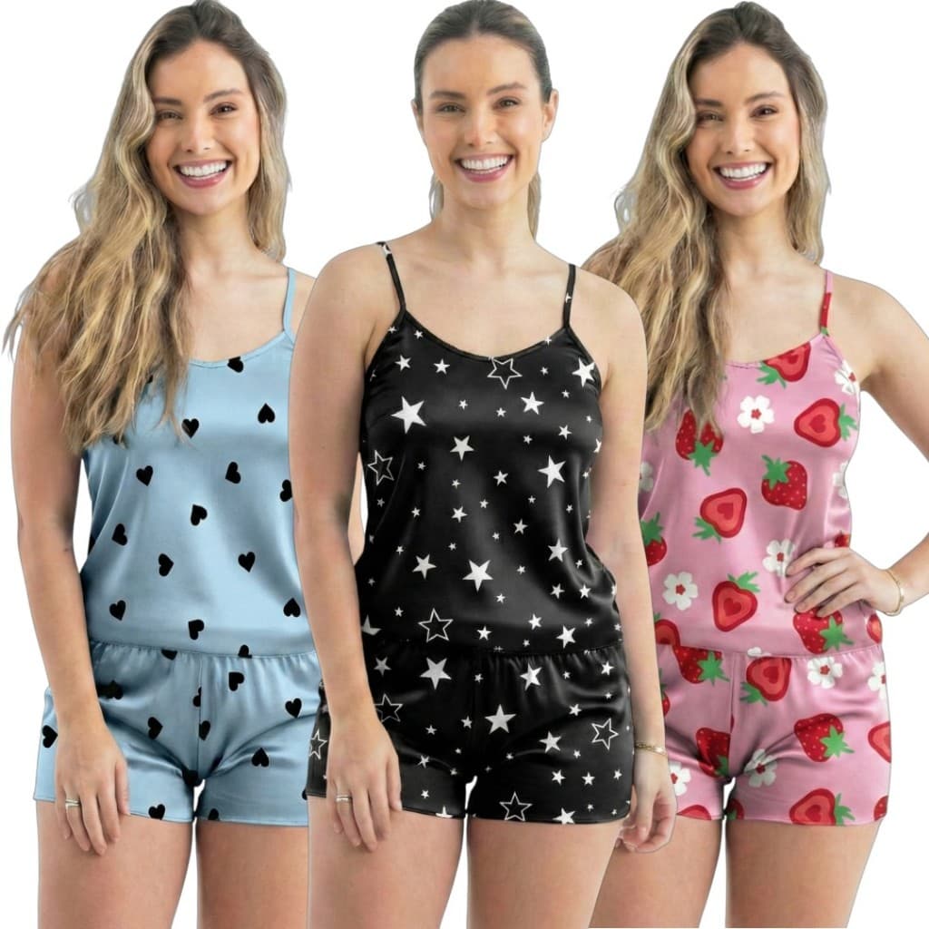 Kit 3 Conjuntos Pijama Baby Doll Short Doll Estampado Sem Bojo Original Conjunto Pijama Exclusivo