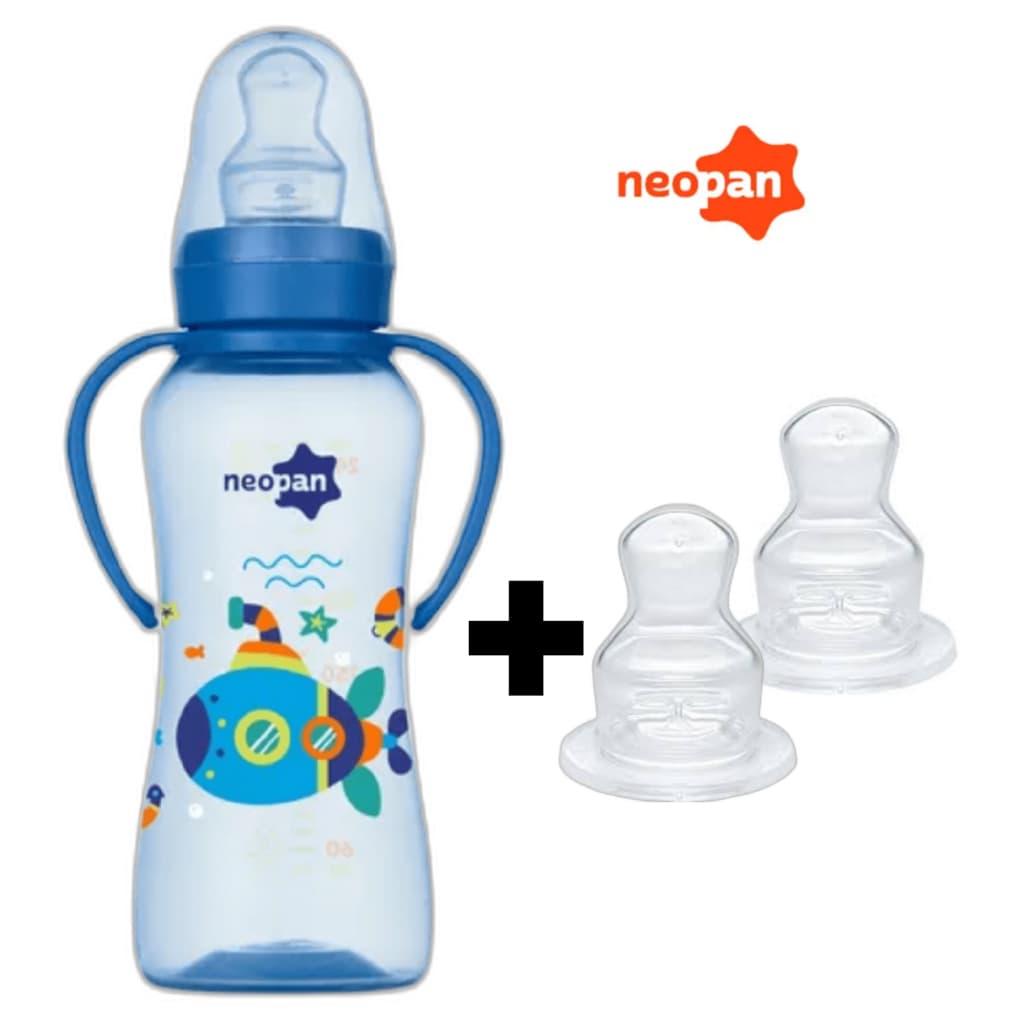 MAMADEIRA NEOPAN CRIATIVA COM ALÇA 250ML REGADOR/SUBMARINO E 2 BICOS DE REPOSIÇÃO